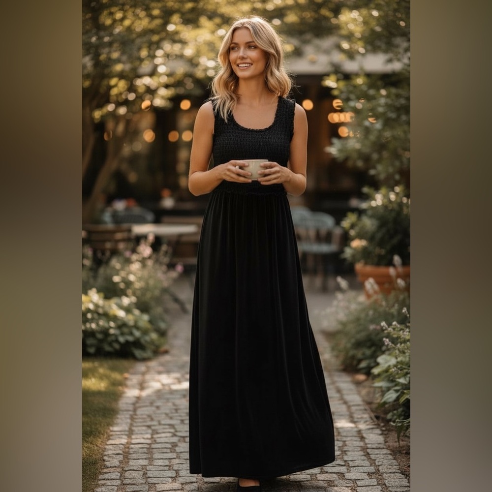 NWT Max Studio Women’s Black Smocked Velvet Sleeveless Maxi Dress‎ Twee Feminine